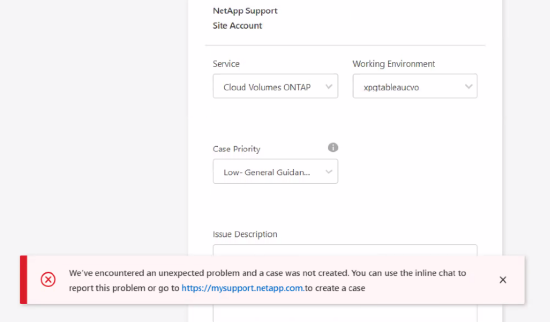 Support case creation error while service selected is Cloud Volumes ONTAP in BlueXP console
