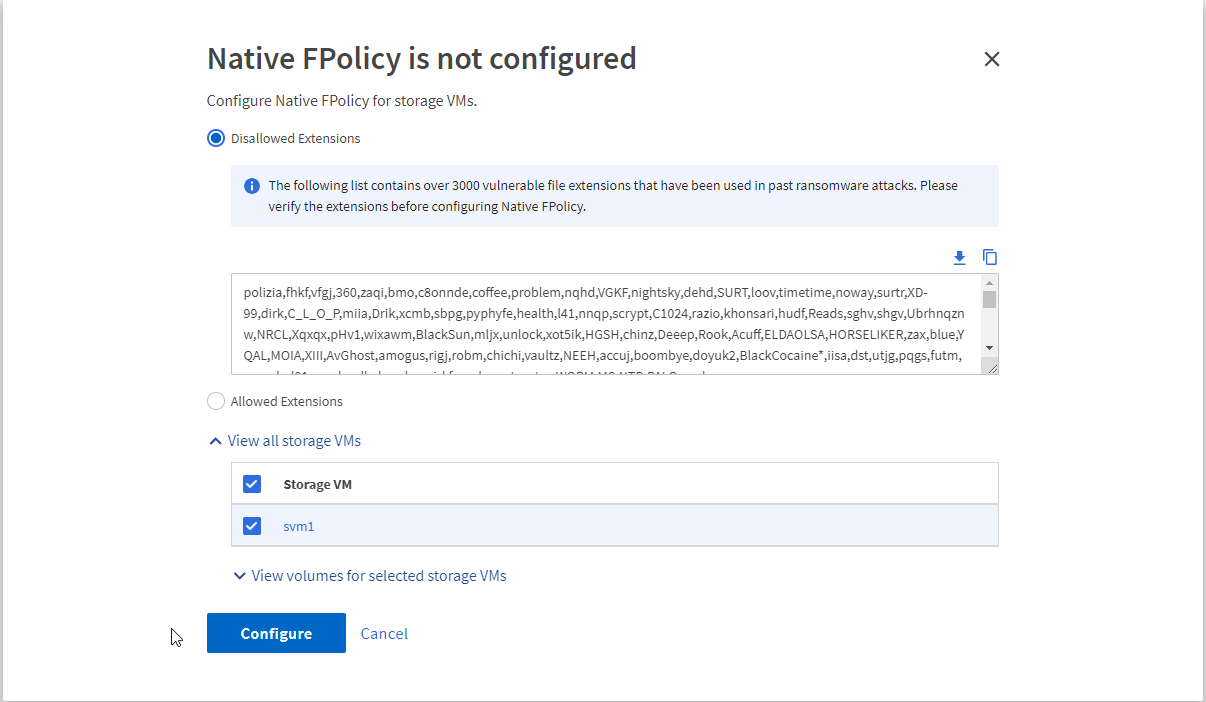 Native FPolicy widget or specific SVMs are missing in OSM when external FPolicy exists