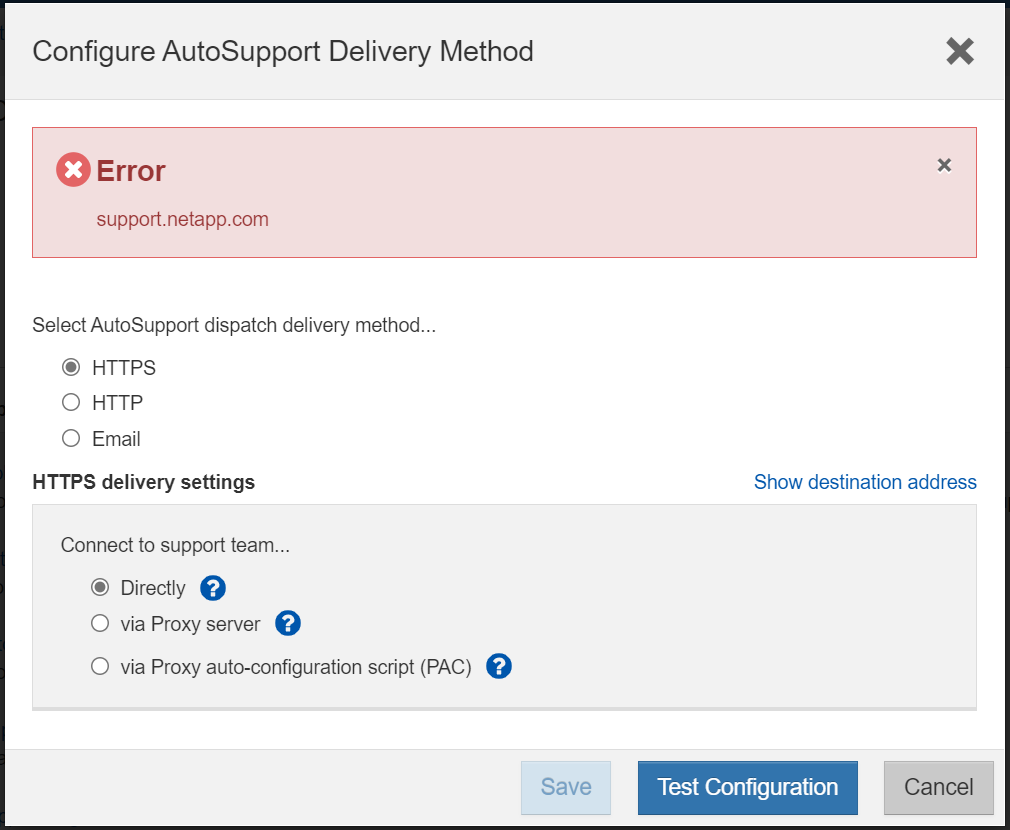Configure Autosupport delivery method error