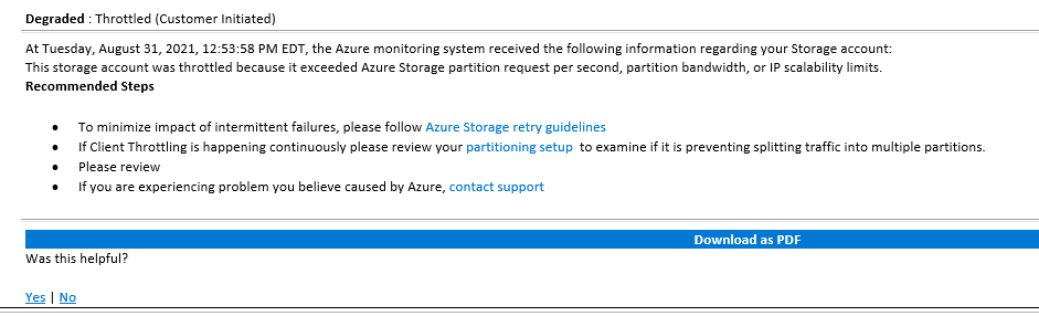 Throttled messages from Azure account on data aggregates