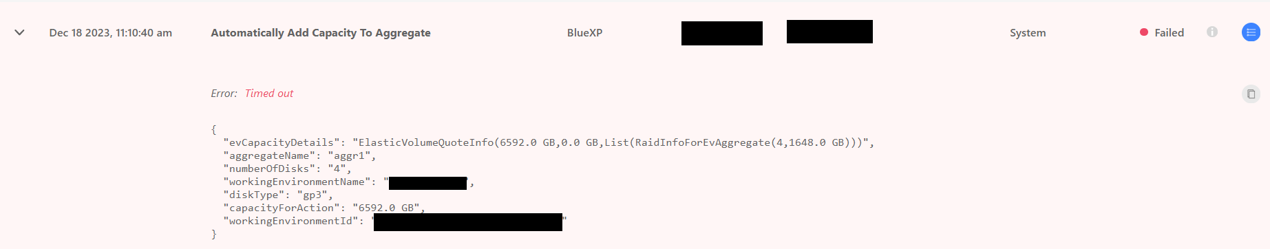 Failed to Automatically add capacity to aggregate in BlueXP