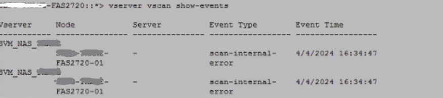 Cannot communicate with the scan service vscan vserver show events
