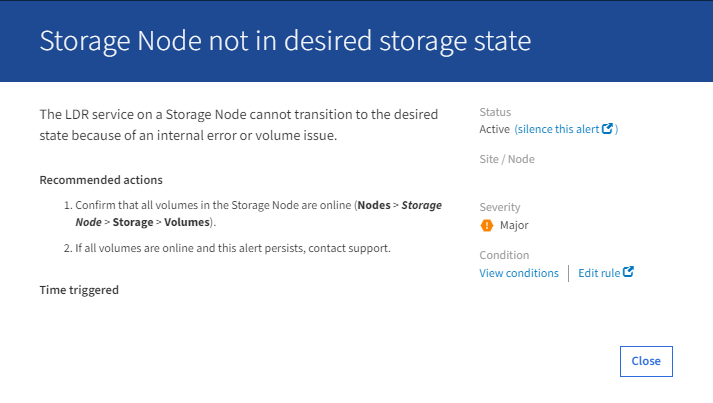 Storage node LDR service cannot transition to the desired state because of an internal error or volume issue