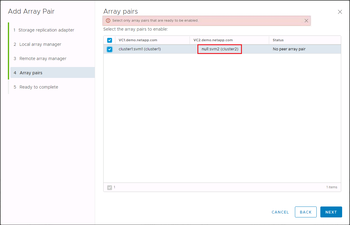 VMware SRM array manager discovery displays null peer array ID for remote site