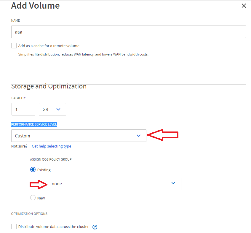 QoS policy 'None' hidden under 'Custom' during volume provisioning