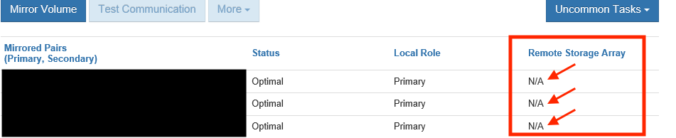 E-Series mirror remote storage array details are not available in SANtricity System Manager E-Series mirror remote storage array details are not available in SANtricity System Manager