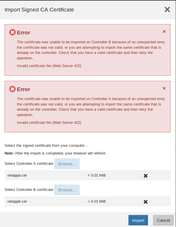 E-Series Invalid Certificate File on System Manager