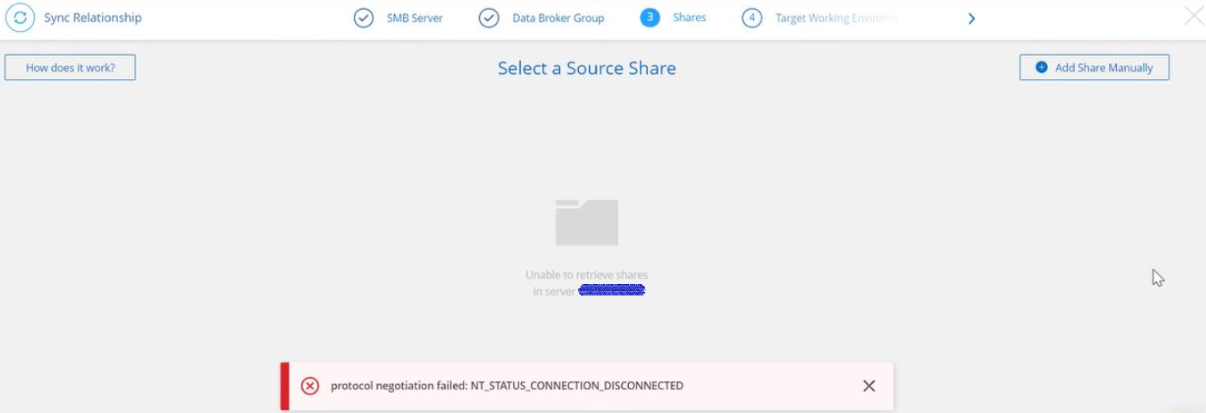 Cloud sync fails to discover shares from SMB server with error "protocol negotiation failed NT_STATUS_CONNECTION_DISCONNECTED"