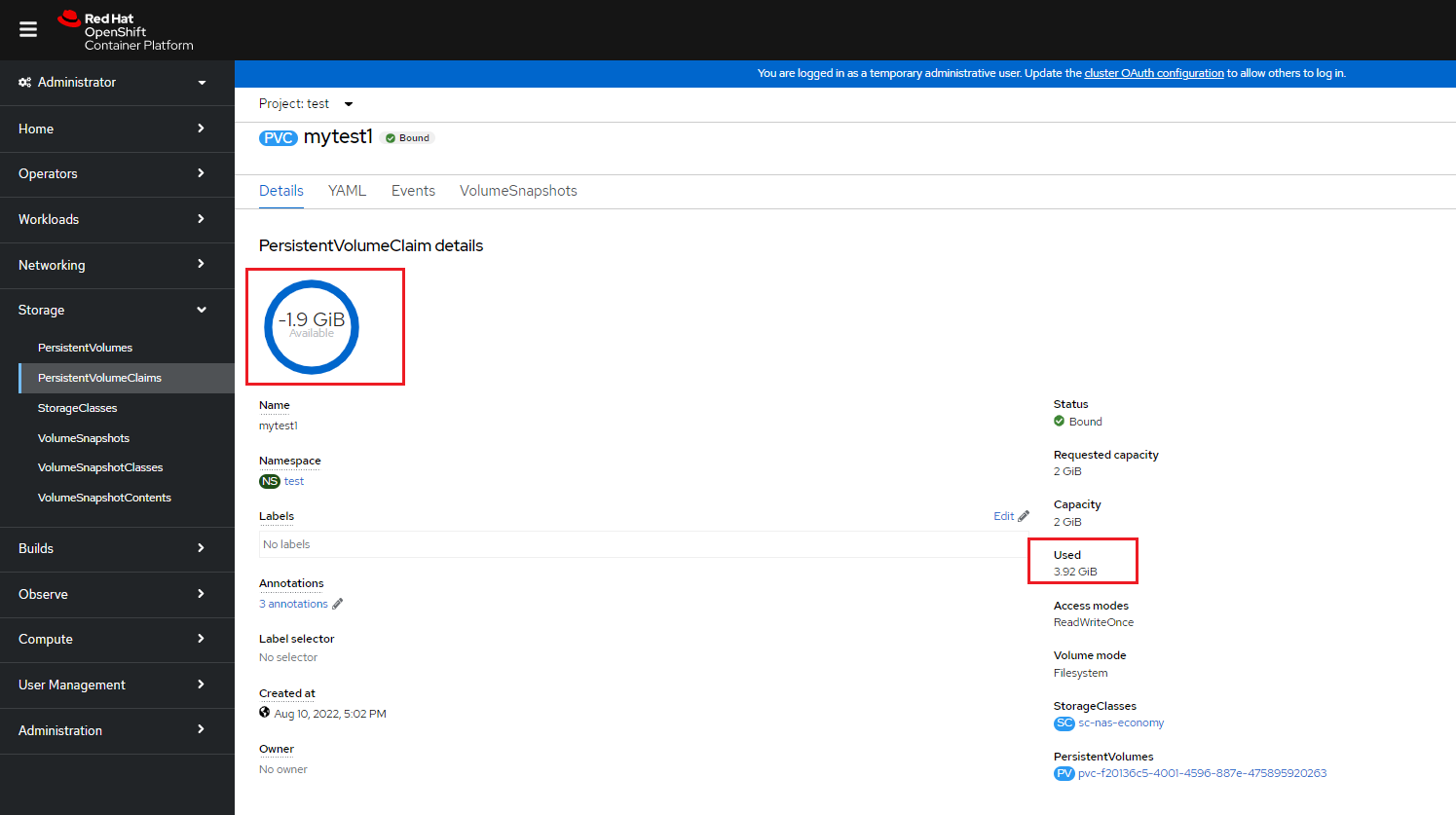 OpenShift reports incorrect used and available space for PVCs